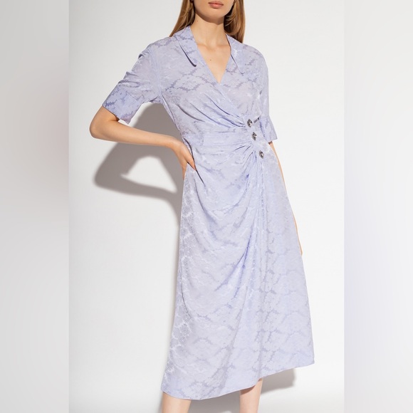 GANNI Jacquard Satin Wrap Midi Dress, Lilac Cosmic Sky, FR34/US2 - Picture 5 of 12